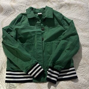 CAbi Forest Green Jean Jacket with Black and White Striped Cuffs